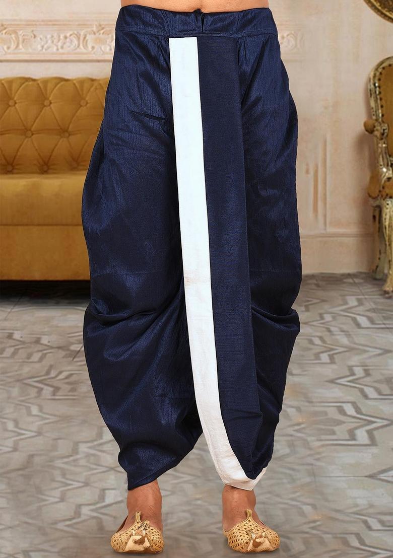 Navy Blue Solid Art Silk Dhoti For Men