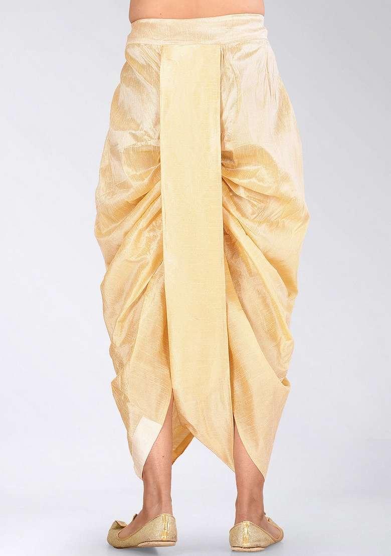 Fawn Cream Solid Art Silk Blend Dhoti For Men - Indya
