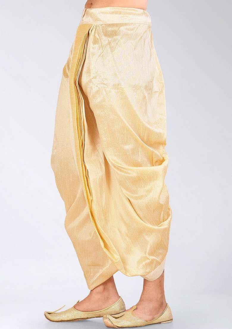 Fawn Cream Solid Art Silk Blend Dhoti For Men - Indya