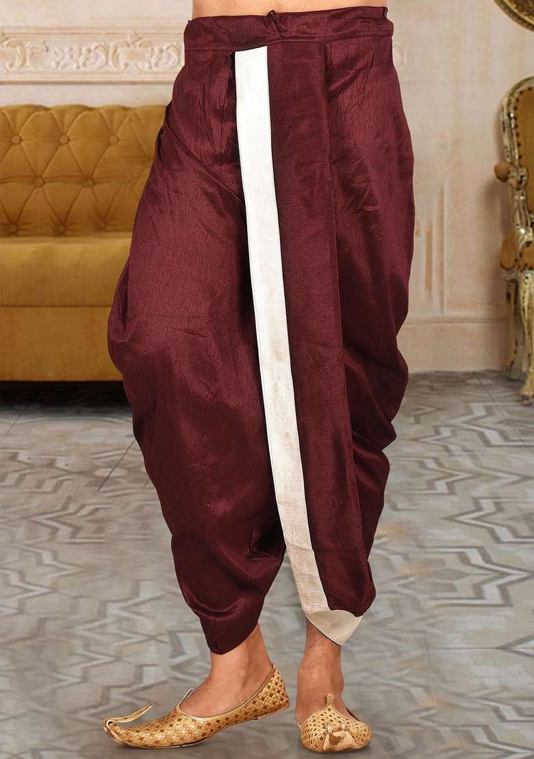 Mahroon Cream Solid Art Silk Blend Dhoti For Men - Indya