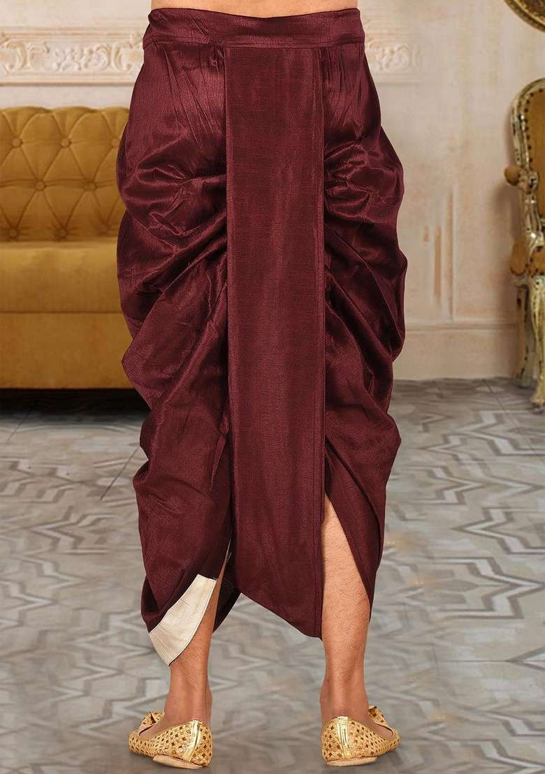 Mahroon Cream Solid Art Silk Blend Dhoti For Men - Indya