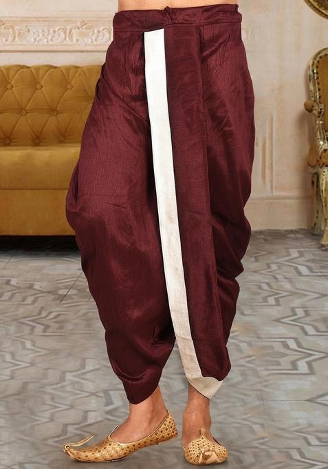 Mahroon Cream Solid Art Silk Dhoti For Men — view on Indya