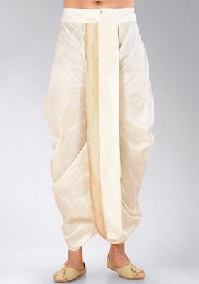 Cream Fawn Solid Art Silk Dhoti For Men