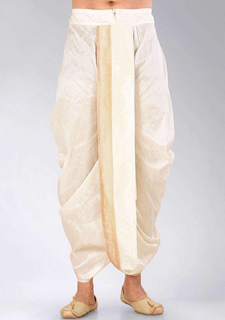 Cream Fawn Solid Art Silk Blend Dhoti For Men - Indya
