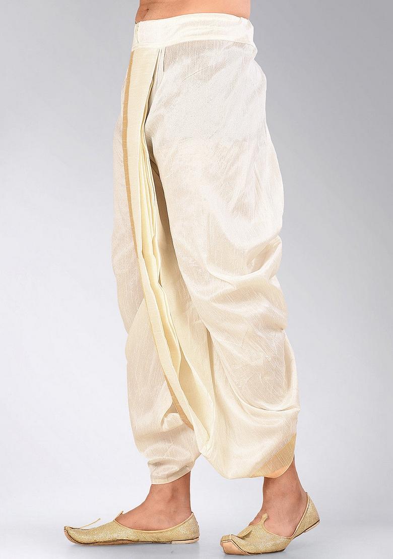 Cream Fawn Solid Art Silk Dhoti For Men - Indya