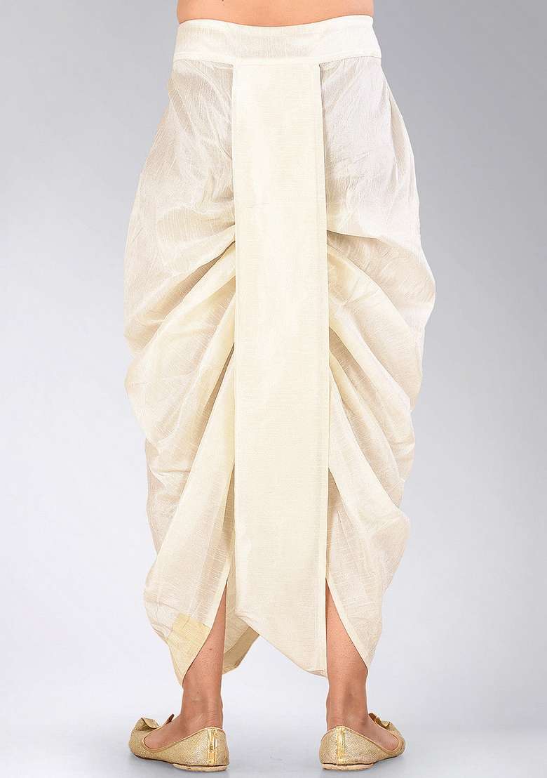 Cream Fawn Solid Art Silk Blend Dhoti For Men - Indya