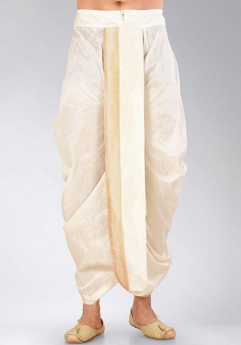 Cream Fawn Solid Art Silk Dhoti For Men