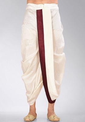 Cream Maroon Solid Art Silk Dhoti For Men