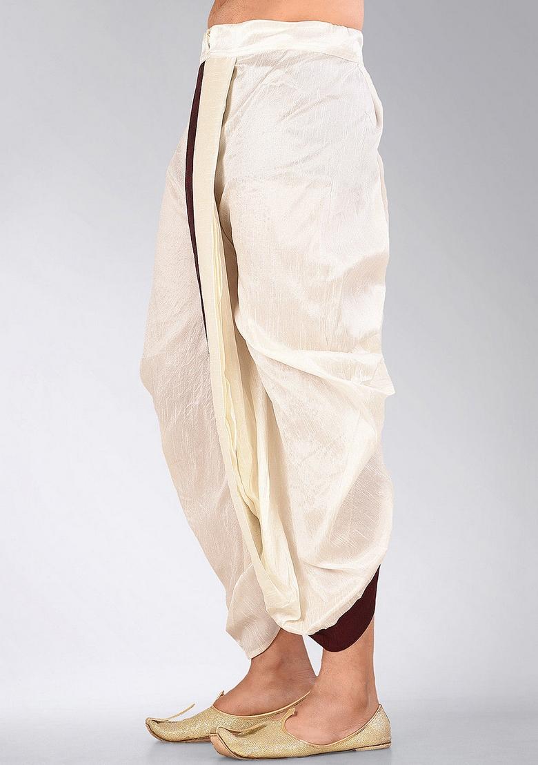 Cream Maroon Solid Art Silk Dhoti For Men - Indya