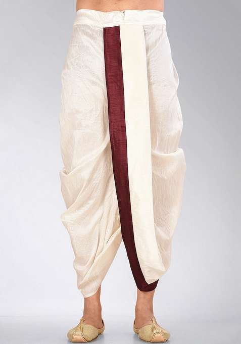 Cream Maroon Solid Art Silk Blend Dhoti For Men