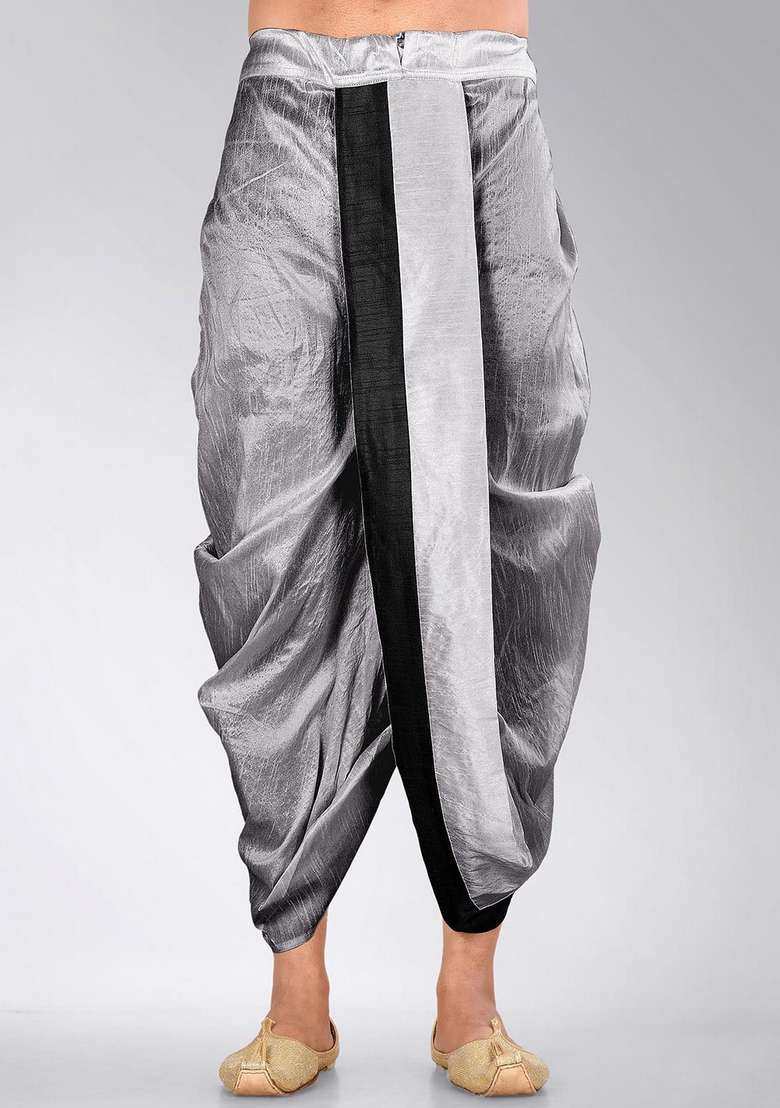 Grey Black Solid Art Silk Blend Dhoti For Men - Indya