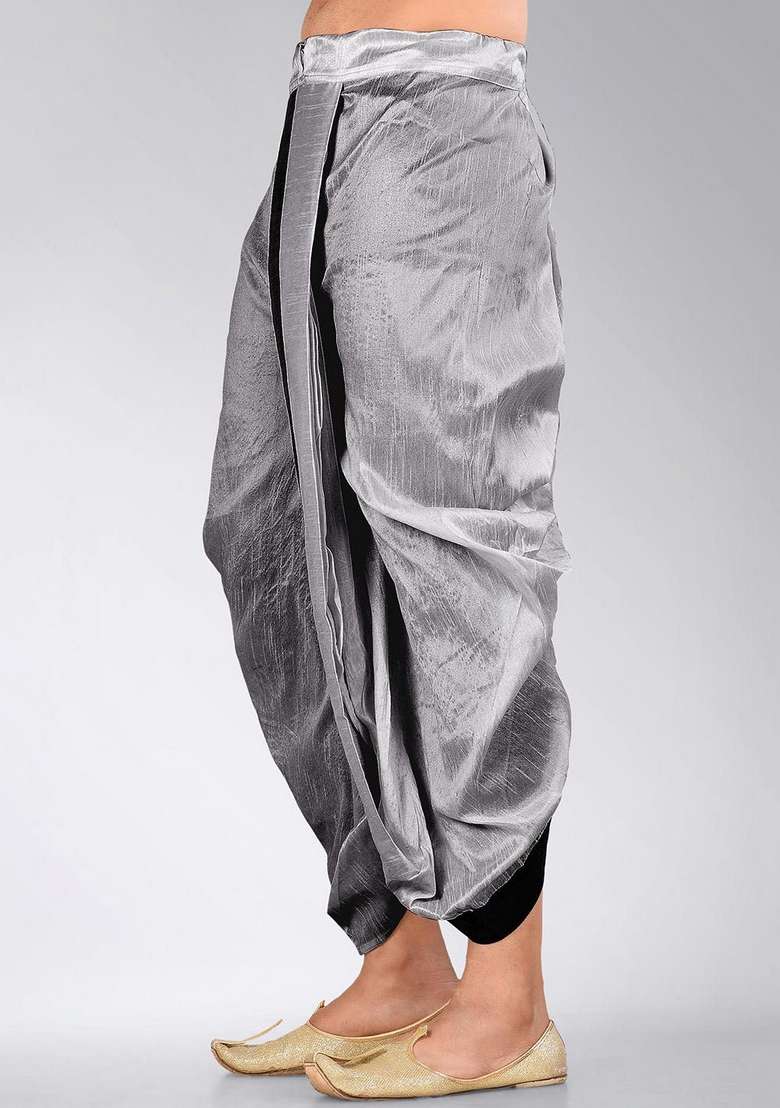 Grey Black Solid Art Silk Blend Dhoti For Men - Indya