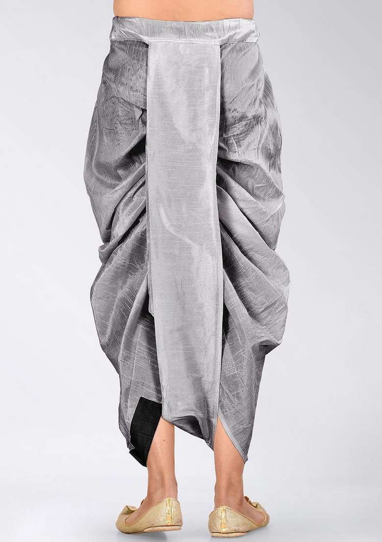 Grey Black Solid Art Silk Blend Dhoti For Men - Indya