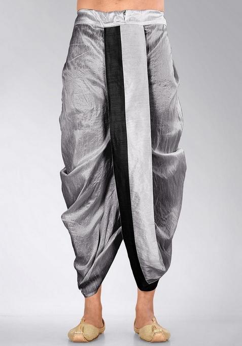 Grey Black Solid Art Silk Dhoti For Men