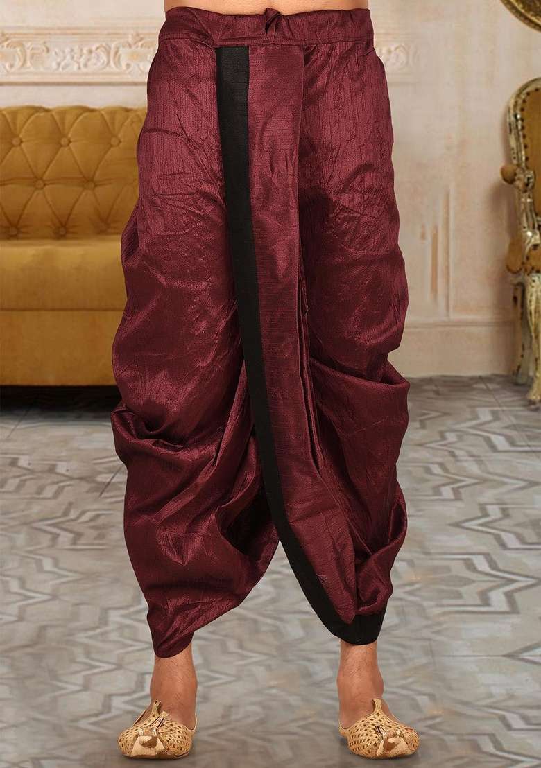 Black Maroon Solid Art Silk Blend Dhoti For Men - Indya