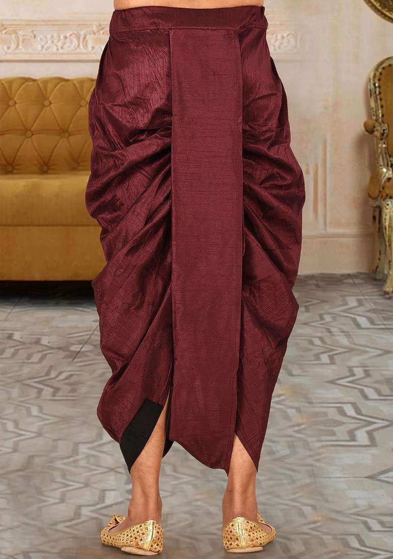 Black Maroon Solid Art Silk Blend Dhoti For Men - Indya