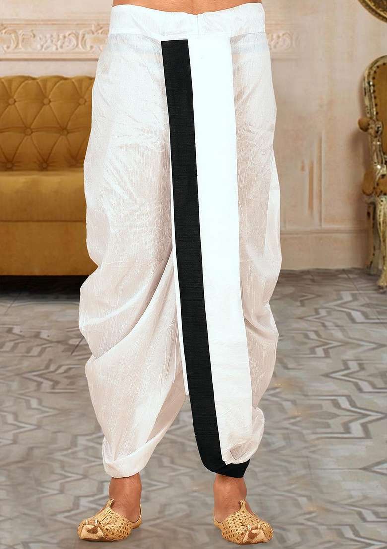 White Black Solid Art Silk Blend Dhoti For Men - Indya