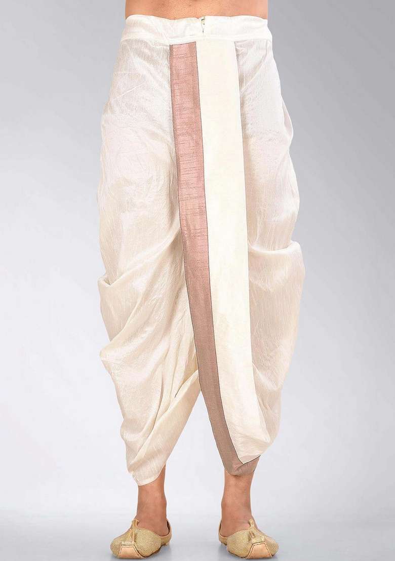 Cream Light Brown Solid Art Silk Blend Dhoti For Men - Indya