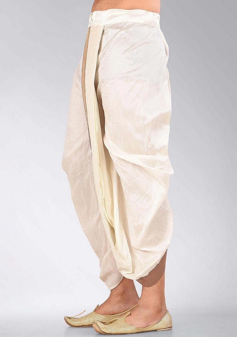 Cream Light Brown Solid Art Silk Dhoti For Men - Indya