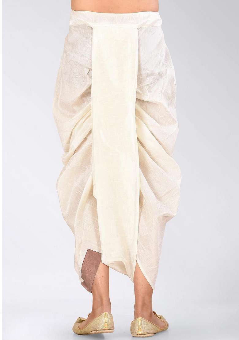 Cream Light Brown Solid Art Silk Blend Dhoti For Men - Indya