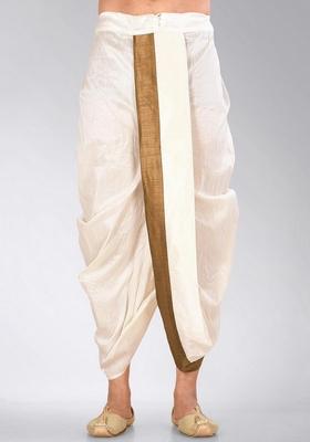 Cream Chikoo Solid Art Silk Dhoti For Men