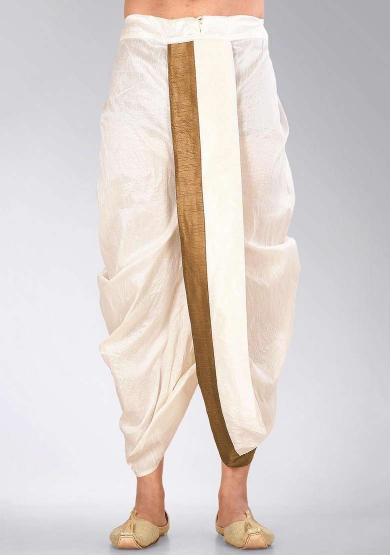 Cream Chikoo Solid Art Silk Blend Dhoti For Men - Indya