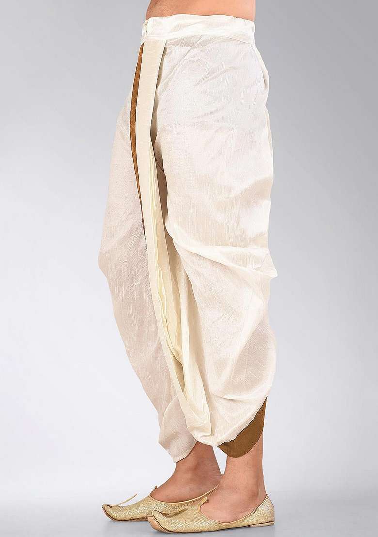 Cream Chikoo Solid Art Silk Blend Dhoti For Men - Indya