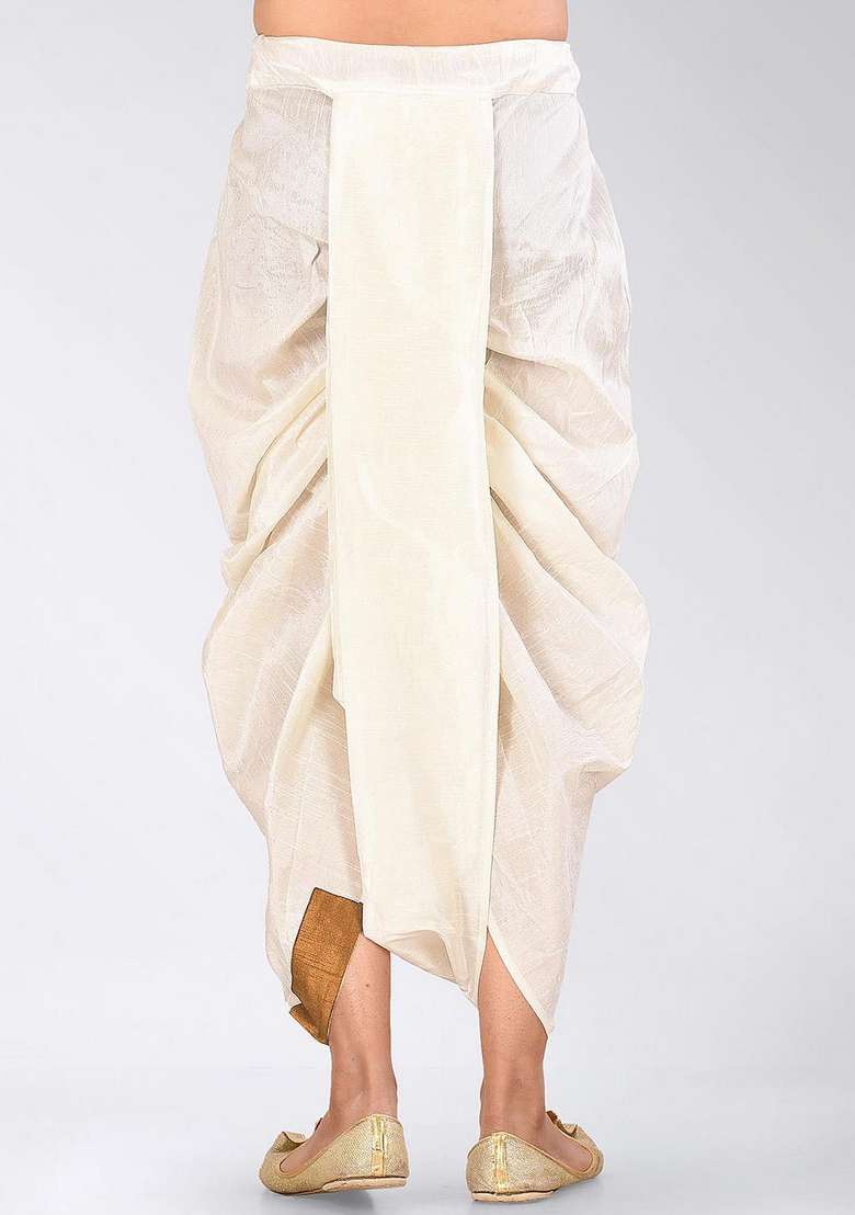 Cream Chikoo Solid Art Silk Blend Dhoti For Men - Indya