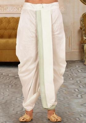 Cream Sea Green Solid Art Silk Dhoti For Men