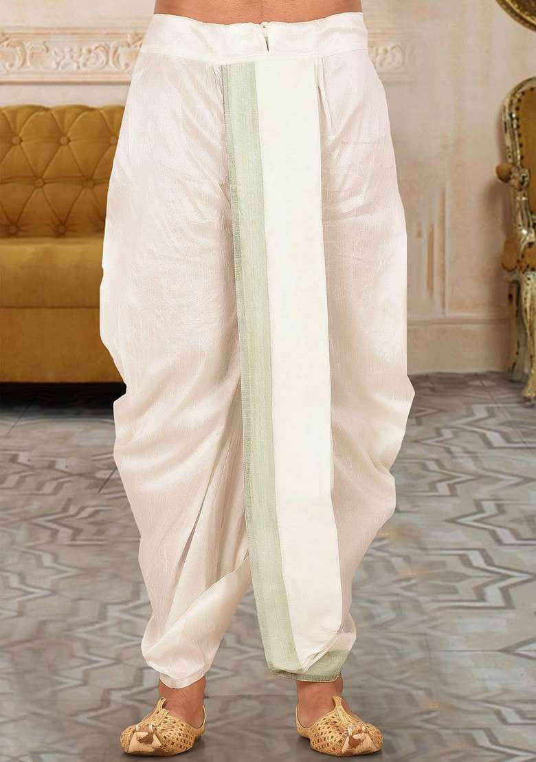 Cream Sea Green Solid Art Silk Blend Dhoti For Men - Indya