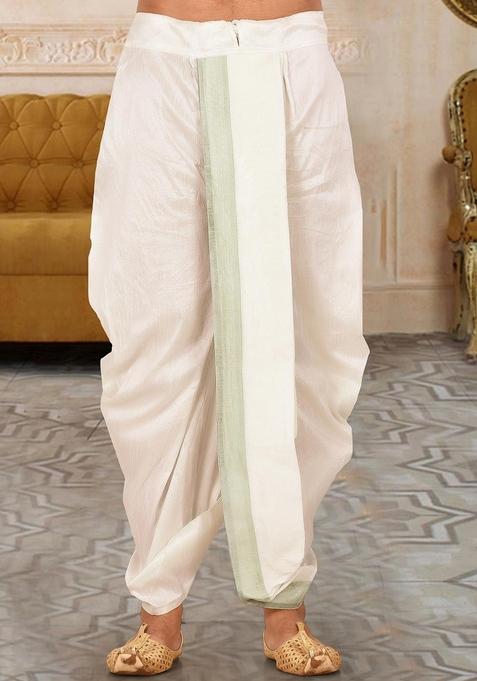 Cream Sea Green Solid Art Silk Dhoti For Men