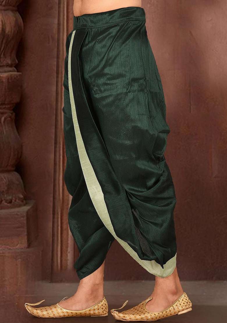 Sea Green Solid Art Silk Blend Dhoti For Men - Indya