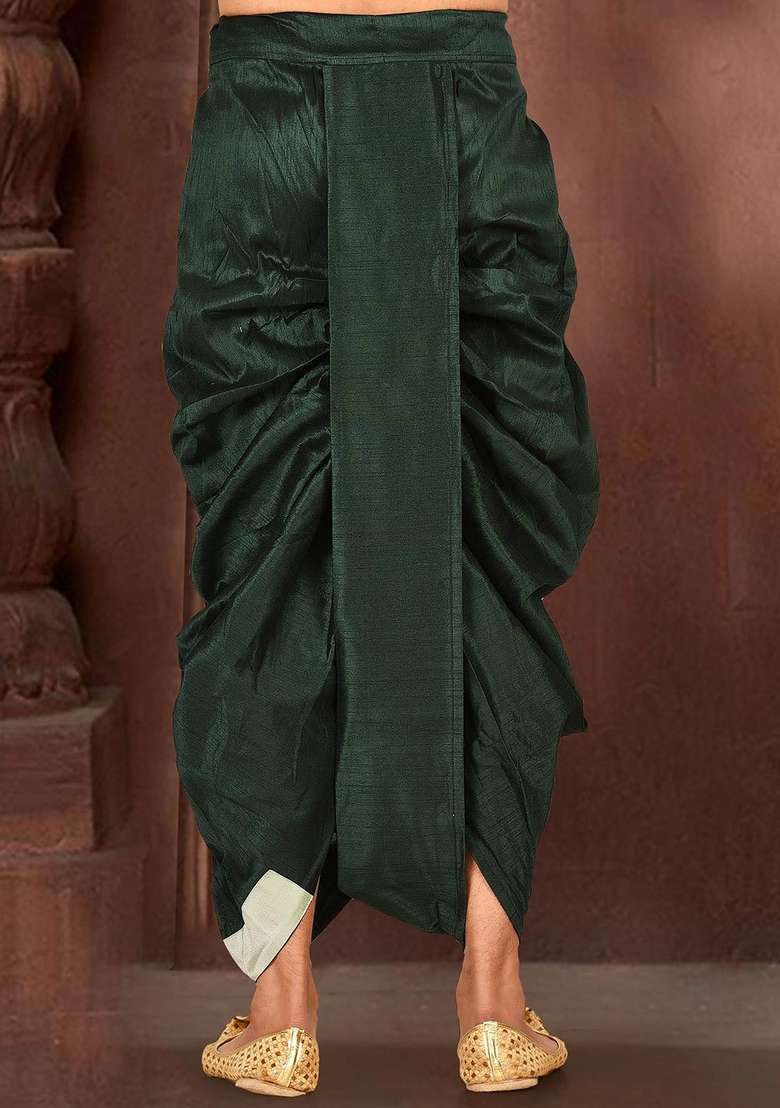 Sea Green Solid Art Silk Blend Dhoti For Men - Indya