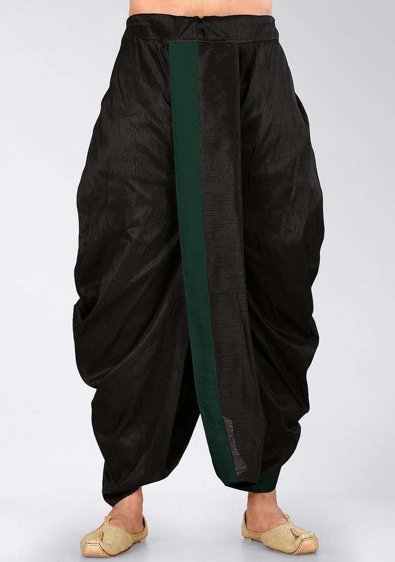 Black Rama Green Solid Art Silk Blend Dhoti For Men - Indya