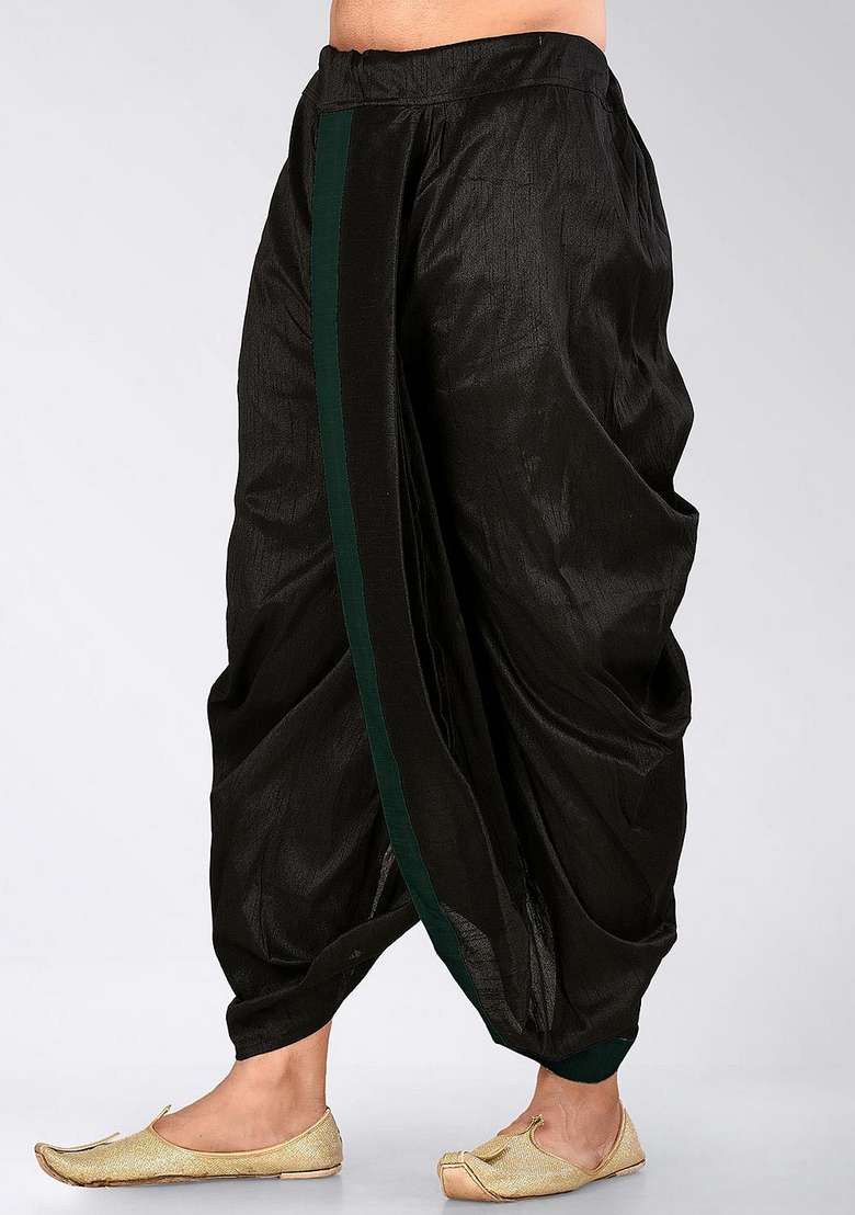 Black Rama Green Solid Art Silk Blend Dhoti For Men - Indya