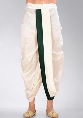 Cream Rama Green Solid Art Silk Dhoti For Men