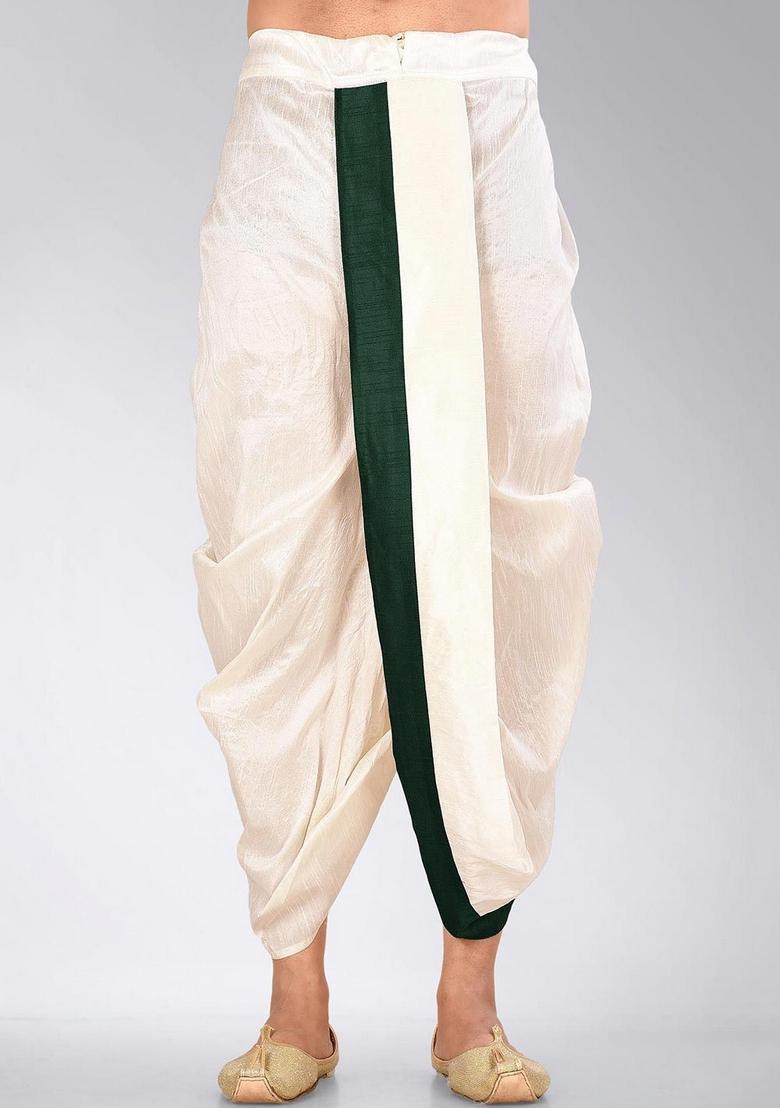 Cream Rama Green Solid Art Silk Dhoti For Men - Indya