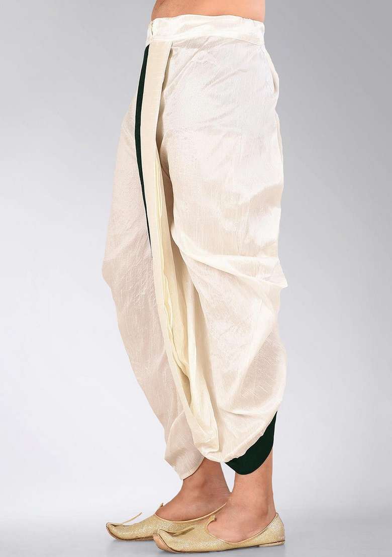 Cream Rama Green Solid Art Silk Blend Dhoti For Men - Indya