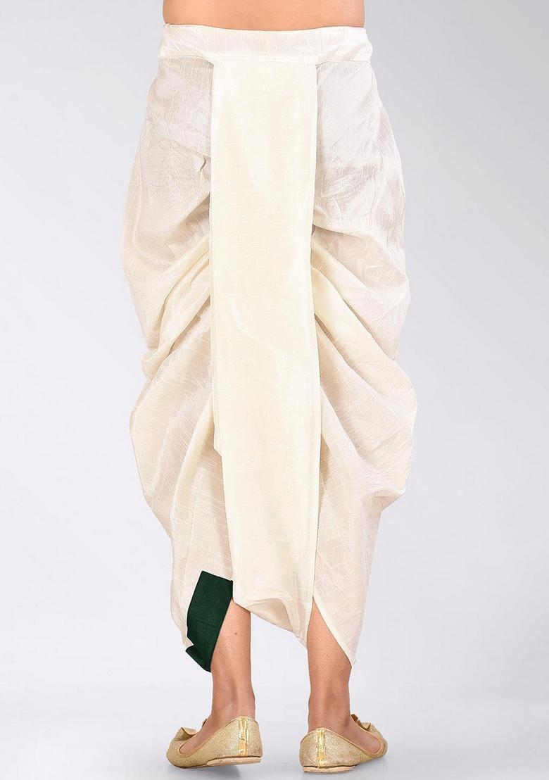 Cream Rama Green Solid Art Silk Dhoti For Men - Indya