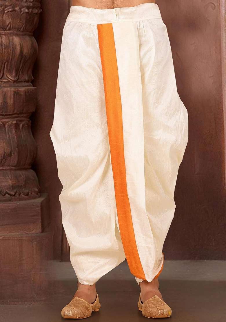 Cream Mustard Solid Art Silk Blend Dhoti For Men - Indya