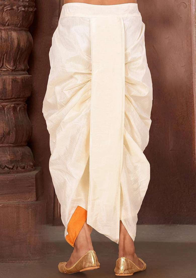 Cream Mustard Solid Art Silk Blend Dhoti For Men - Indya