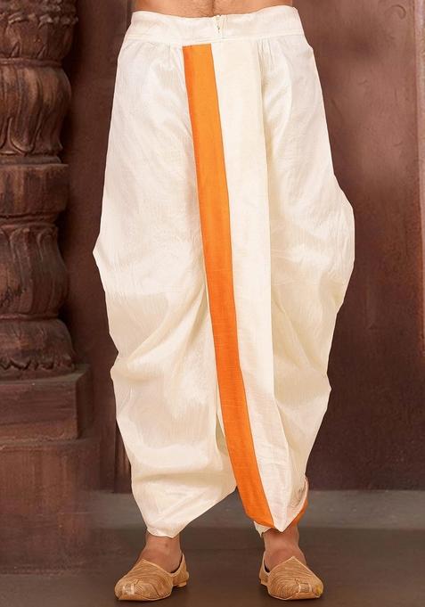 Cream Mustard Solid Art Silk Dhoti For Men