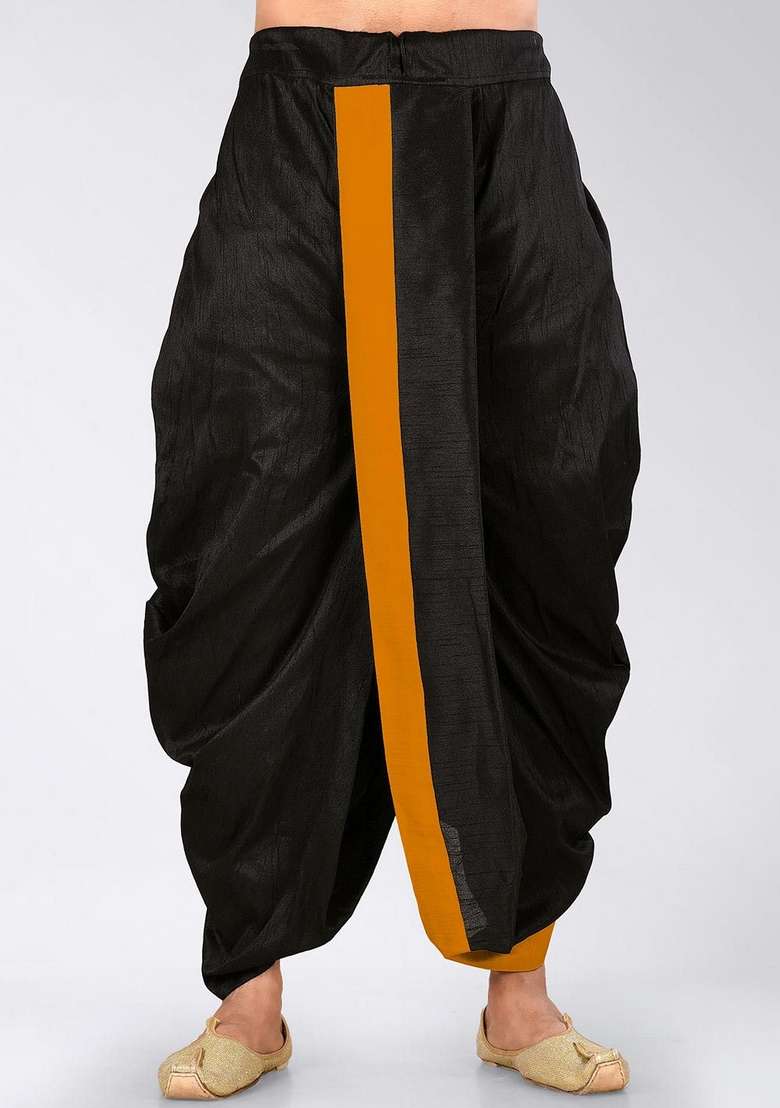 Black Mustard Solid Art Silk Blend Dhoti For Men - Indya