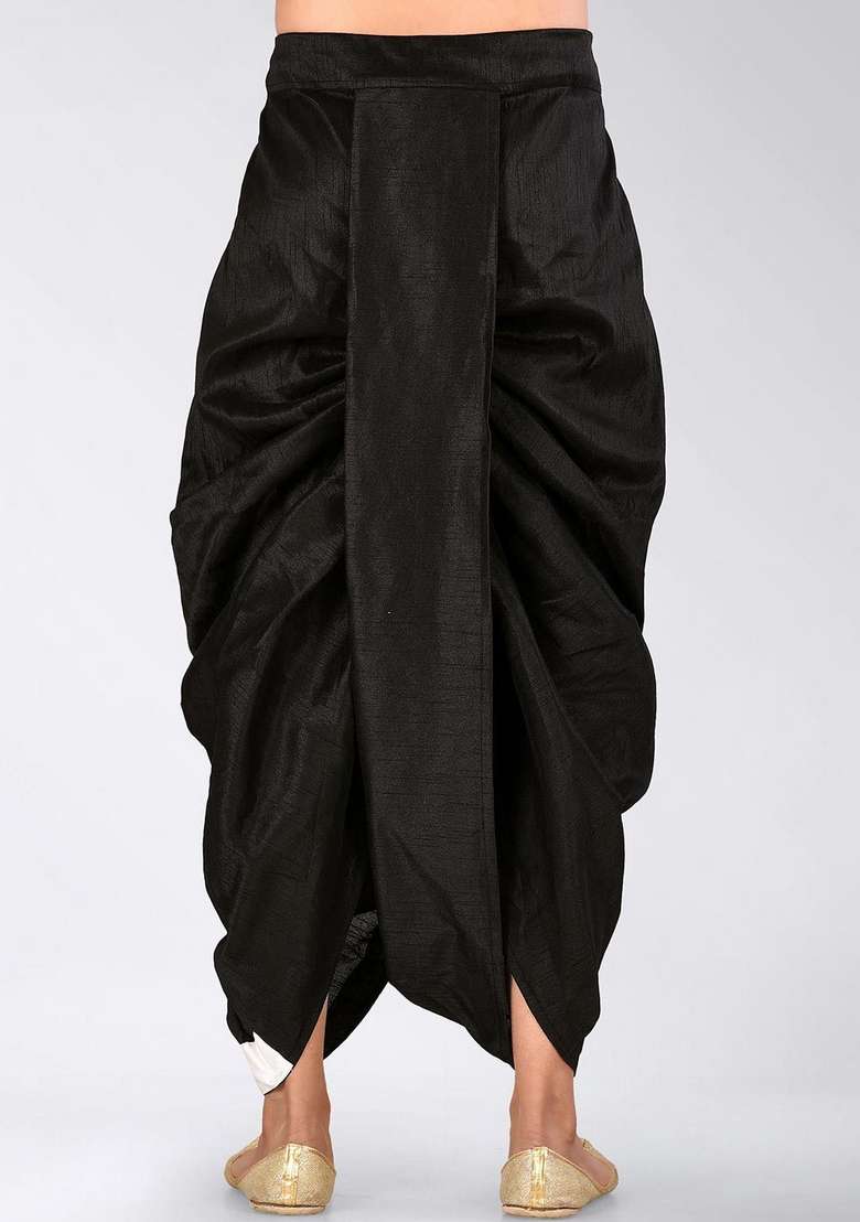 Black Mustard Solid Art Silk Blend Dhoti For Men - Indya