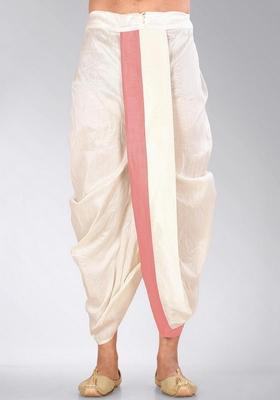 Cream Pink Solid Art Silk Dhoti For Men