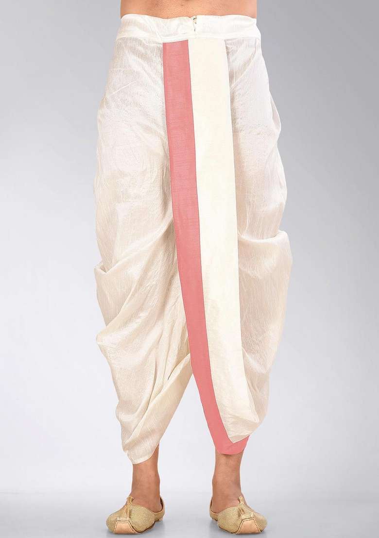 Cream Pink Solid Art Silk Blend Dhoti For Men - Indya