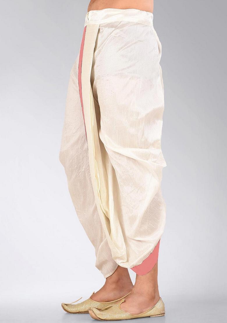 Cream Pink Solid Art Silk Dhoti For Men - Indya