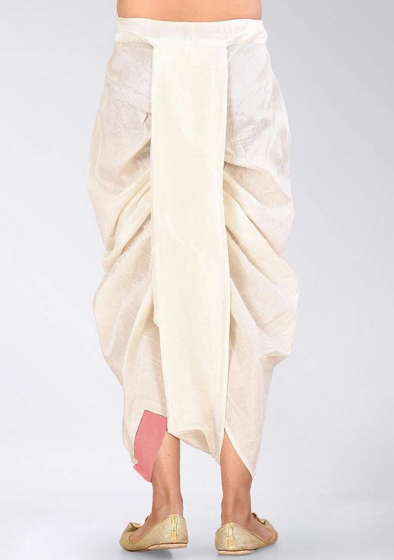 Cream Pink Solid Art Silk Blend Dhoti For Men - Indya