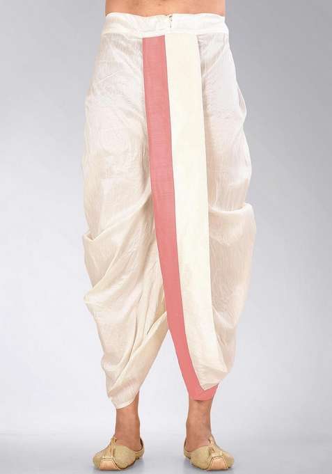 Cream Pink Solid Art Silk Blend Dhoti For Men