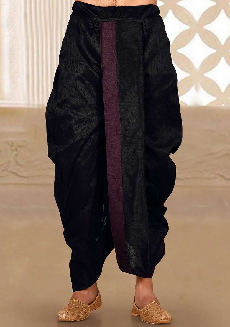 Black Wine Solid Art Silk Blend Dhoti For Men - Indya